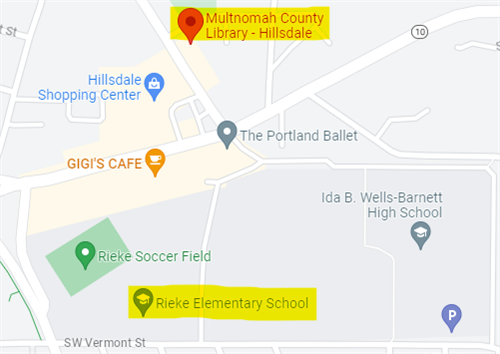 Map of Hillsdale neighborhood showing locations of Rieke Elementary School and Multnomah County Library - Hillsdale